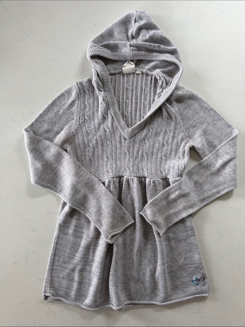 Vintage Roxy Light Gray V-Neck Hooded Cable Knit Sweater